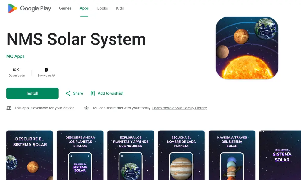 Captura de pantalla de la interfaz de la aplicación móvil educativa interactiva NMS Solar System