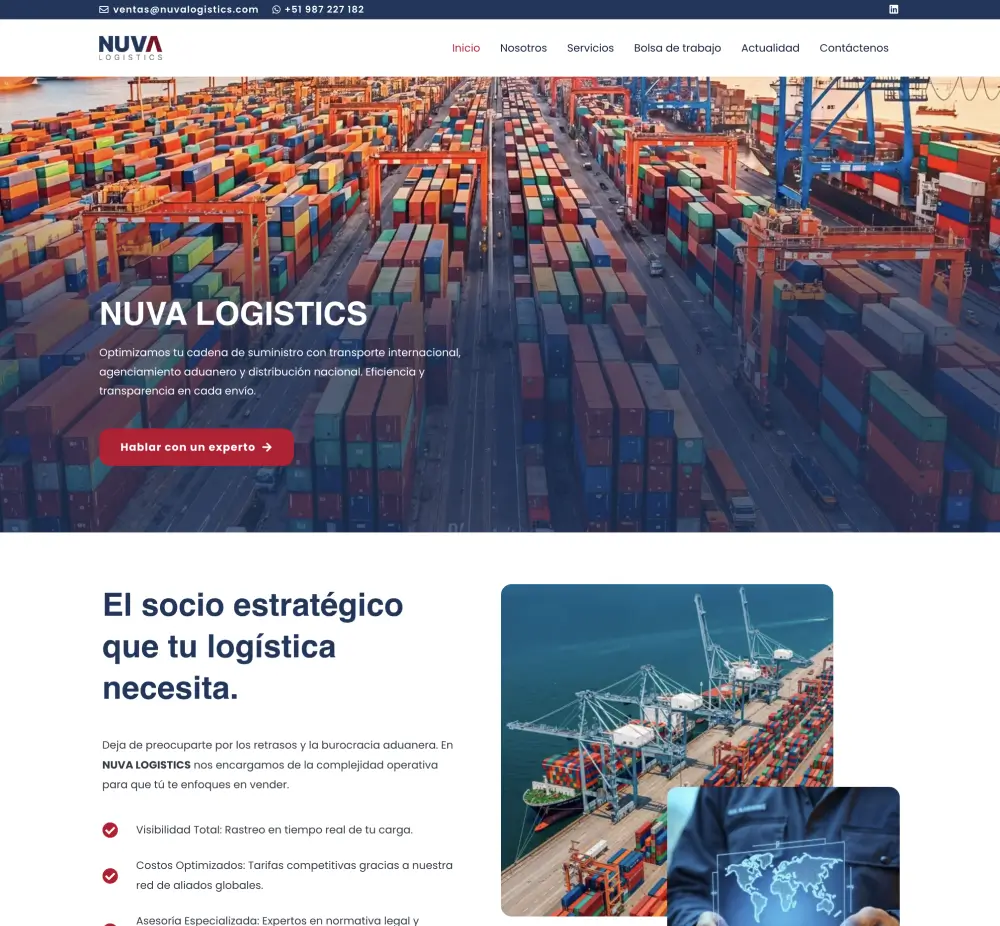 Sitio web corporativo con identidad visual y estrategia SEO desarrollado para Nuva Logistics