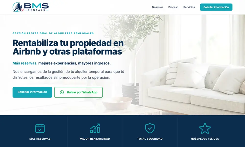Página web de BMS Rentals para gestión de alquileres temporales